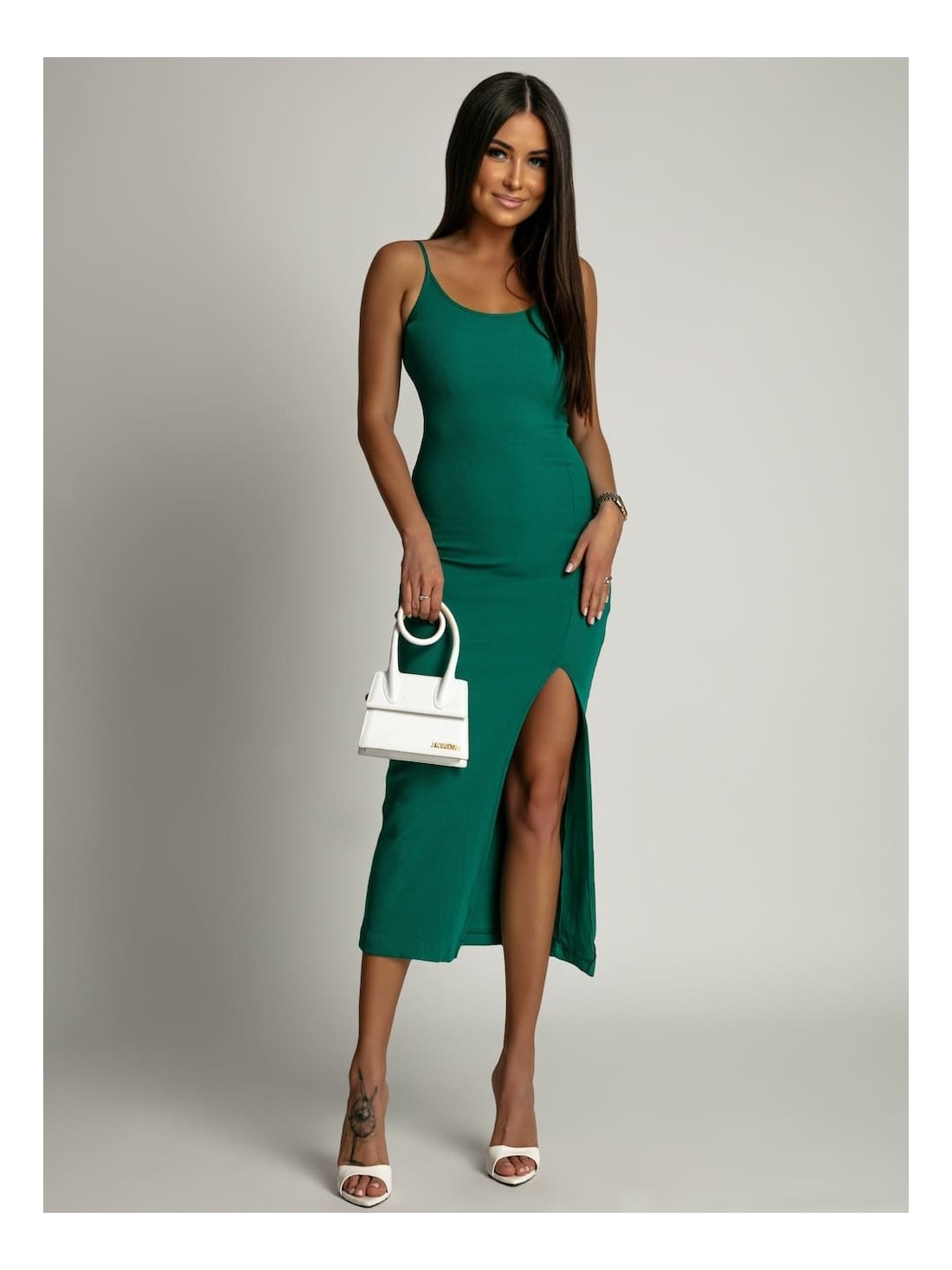 Midi dress with a slit, green FG667